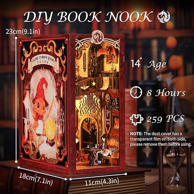 Fsolis Book Nook Kit, DIY Miniature Room House Kit 3D Wooden Puzzle Craft for Adults Booknook Magic Decorative Bookend Bookshelf Bookcase Decor Gifts for Women Teens and Book Lovers (Flam Common Room)