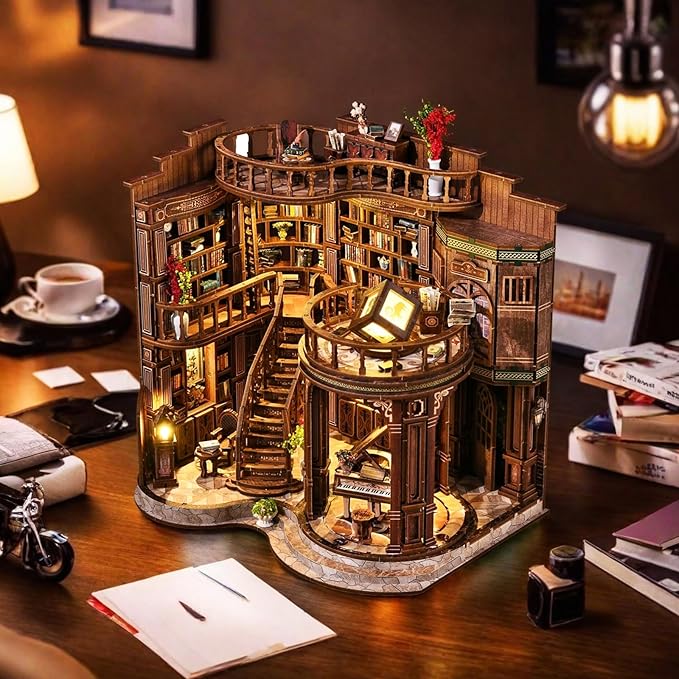 Hallisun DIY Miniature House Kit, Mini 3D Wooden Dreamy Book Hall Building Kit with Furniture and LED, Tiny Diorama Dollhouse Model Set, Handmade House Craft Birthday for Adults Teens