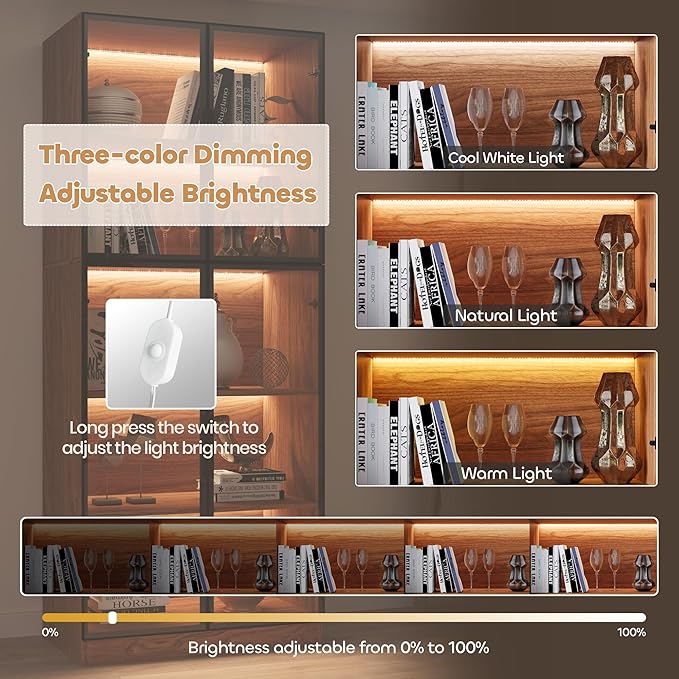Modern Display Storage Cabinet with LED Lights, Glass Door Tall Showcase with 5-Tier Shelves for Collectibles, Books, Wine, Curio Cabinet for Home Office Living Room Bedroom, Walnut