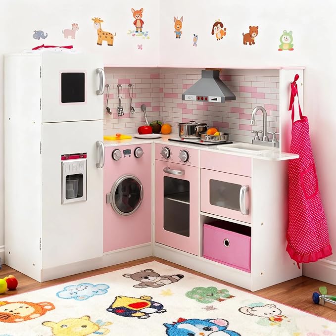 Costzon Kids Corner Play Kitchen, Wooden Pretend Play Kitchen w/Realistic Light & Sound, Washing Machine, Microwave, Ice Maker, Oven & Stove, Little Chef Pretend Toy Kitchen for Boys & Girls