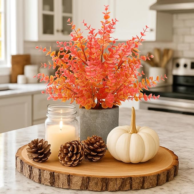 Coferset 2 Pack Fall Small Fake Plants 14" Eucalyptus Potted Artificial Plants Fall Decorations for Home Shelf Office Bathroom Desk Farmhouse Room Coffee Table Decor Fall Decor (Fall Orange-Large)