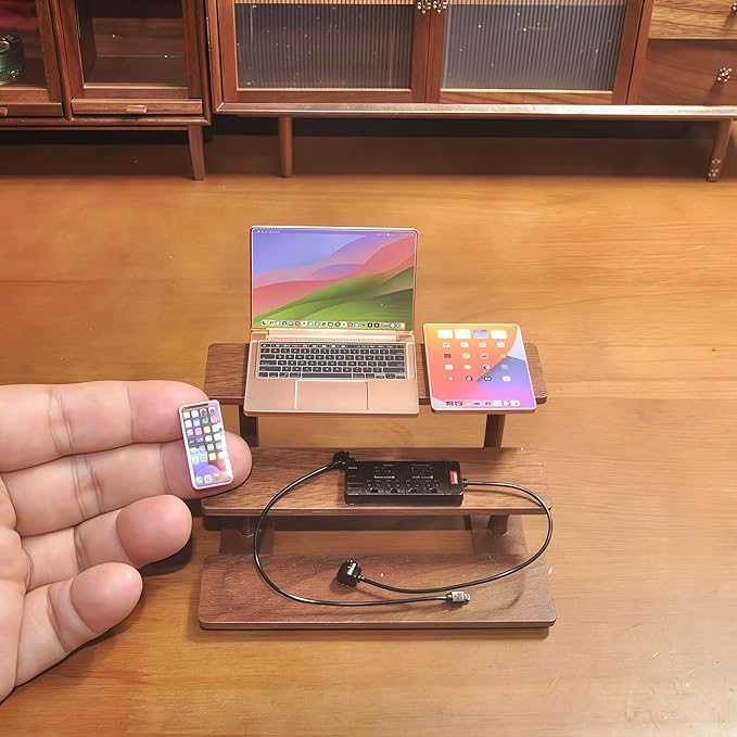 Miniature Electronics Set for Dollhouses: 1:6 Scale Metal Smartphone, Tablet, Laptop & Socket - Doll Accessory Compatible with 1:12 Scale Miniatures - 5 Color Variants (RoseGolden)