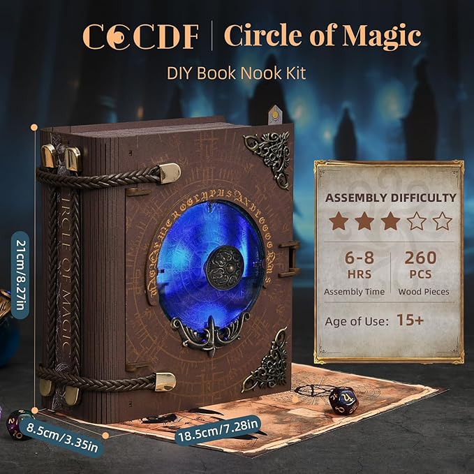 Book Nook Kit, DIY Miniature Dollhouse Magic Booknook Kit, 3D Wooden Puzzle Bookend Bookshelf with LED Light for Adults Teens (Circle of Magic)