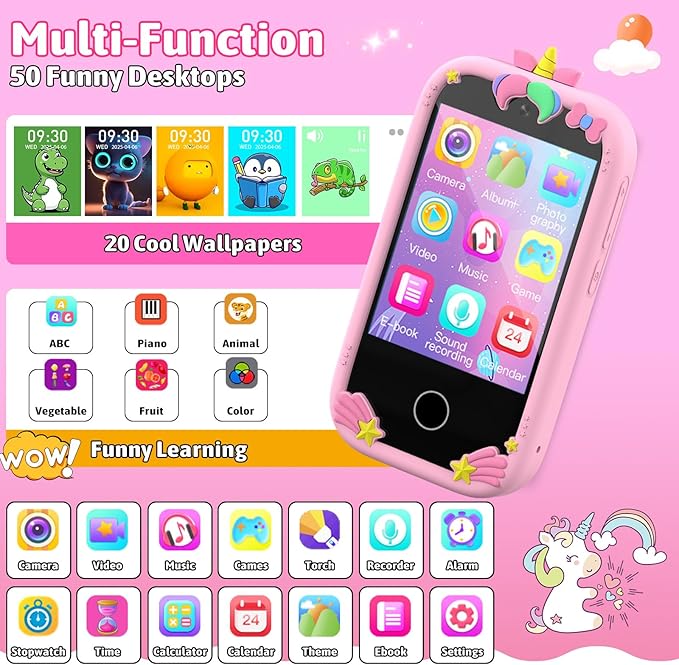 BEBESIRI Kids Camera Mini Smartphone Toy for Girls, 2.8" Touch Screen, 22 Learning Games, Dual Camera, Music Player, 32GB Card | Educational Gift for Christmas & Birthday (Cherry Pink)