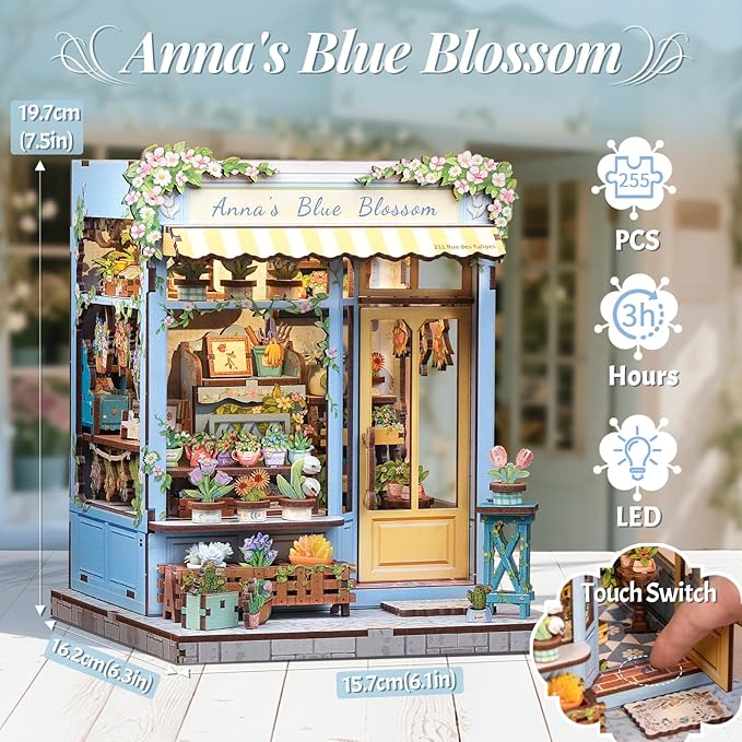 Book Nook Kit, DIY Miniature House Kits for Adult and Teens, Dollhouse Tiny Booknook Garden House Bookshelf, DIY Craft Gifts for Family and Friends (Anna's Blue Blossom)