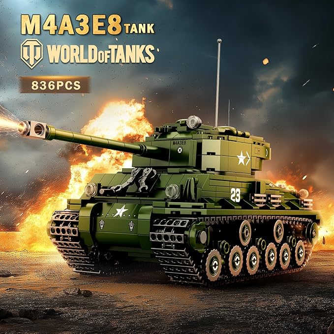 Reobrix M4A3E8 Sherman Tank Building Set,WW2 Military American Armed Tanks Building Block Set for Military Fans,World of Tanks Authorized Products 77030,Ideal Gift for Adults Boys Age 14+,836 PCS