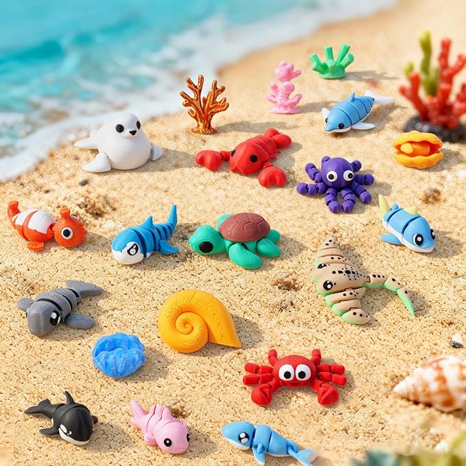 3D Printed Sea Animal Toys - 24Pcs Ocean Animals Figurines Toys for Kids - Flexible Articulated Fidget Toys for Birthday Party Favors Gifts Desk Pets Decoration