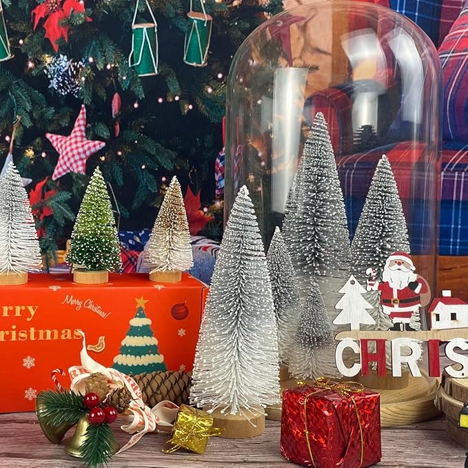 Mini Christmas Tree Bottle Brush Christmas Trees Decor for Christmas Decorations Wooden Bases (Silver and White)