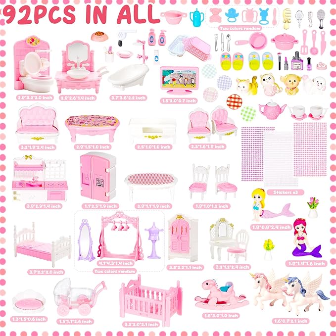 92 Pcs Miniature Furniture Set Accessories Mini Furniture Plastic Bedroom Living Room Bathroom Kitchen Kit Small Pink House for Birthday Gift