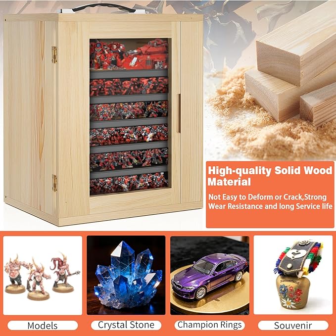 Miniature Storage Case for Collectibles, Miniature Display Cases with Magnetic Door and 6 Trays, Clear View Miniatures Transport Case (Wooden)