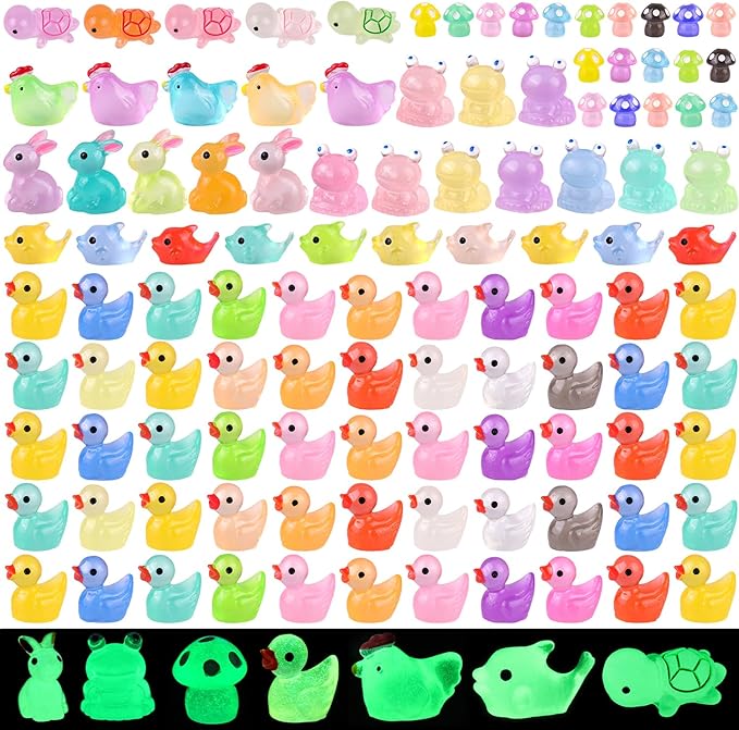 110PCS Mini Resin Animals Tiny Cute Glow Figures in Dark, Miniature Figurine to Hide, Little Animal Small Accessories for Topper Desk Garden Dollhouse Landscape Aquarium Ornaments Crafts & Decor