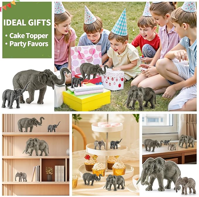 4PCS Safari Elephant Animals Figurines Toys, Plastic Zoo Animals Toys for Kids Includes African & Asian Elephant and Cubs, Birthday Gift Party Favors Cake Toppers for Boys Girls
