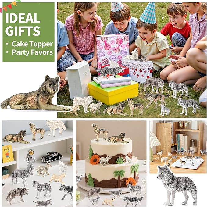 14PCS Wolf Toy Animal Figurines, Realistic Plastic Zoo Safari Animal Toys for Toddlers 3 4 5 6 7, Forest Wolf Animals Figures, Educational Toy Cake Toppers Birthday Gift for Kids Boys Girls