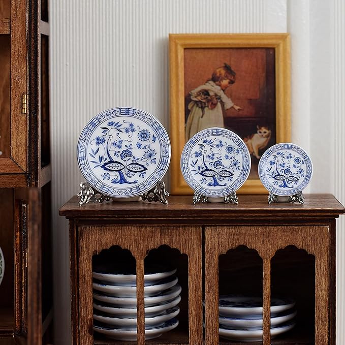 6PCS Handcrafted Miniature Ceramic Plates in 1:12 or 1:6 Scale, Vintage Porcelain Playhouse Dishes (Blue-White A, 3CM)
