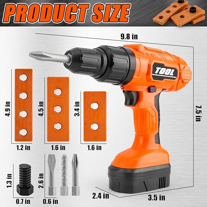 PANPAPA Kids Power Drill and Screw Set,Toy Electric Drill with 3 Interchangeable Drill Bits Sound and Motion,Pretend Play Construction Kids Tool Set Outdoor Preschool Gardening Lawn Toy Gifts（Orange）