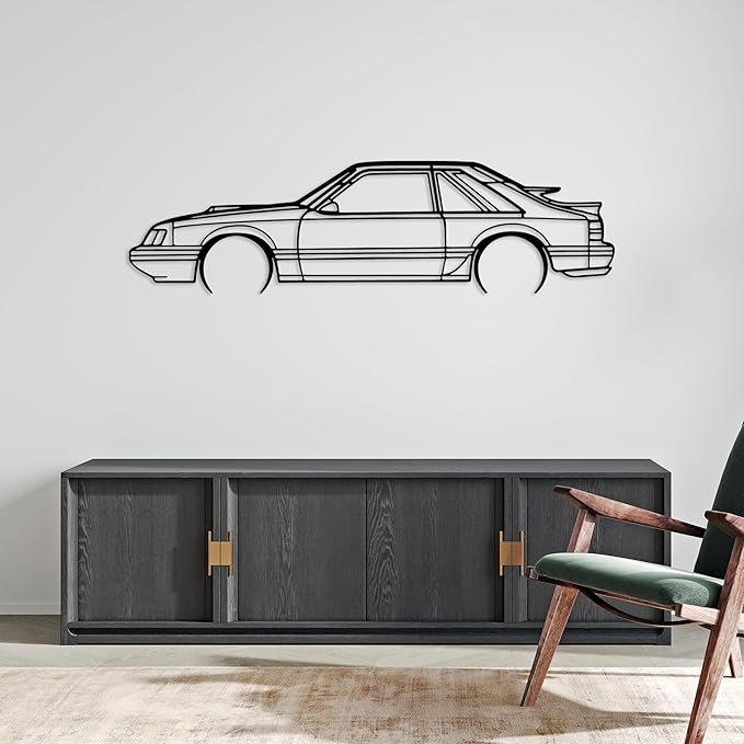DecoSoul Mustang Metal Car Wall Art, Sports Car, Automotive Silhouette Line Decoration, Minimalist Sculpture for Garage, Indoor Outdoor Wall Hanging, Gift for Boyfriend (Black - 35 x 9.6” inch)