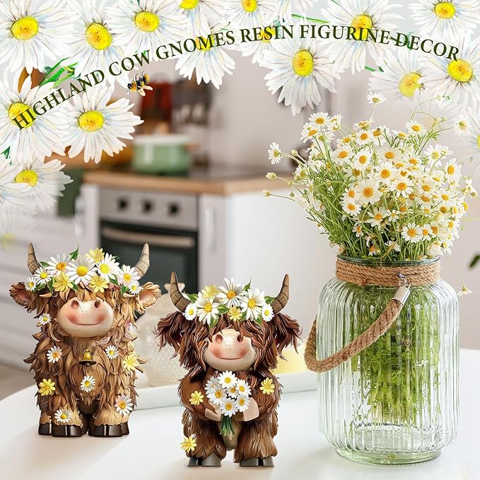 Burbell 2 Pcs Highland Cow Figurines Daisy Flower Highland Cow Gnomes Decor Resin Statue Calf Lovers Gifts for Farmhouse Home Garden Kitchen Office Tiered Tray Table Decor