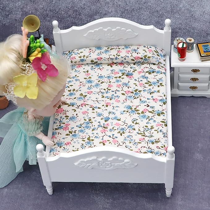 1/12 Dollhouse Bed Miniature Queen Bed Mini Woode Bed for Dollhouse Bedroom Furniture (White)