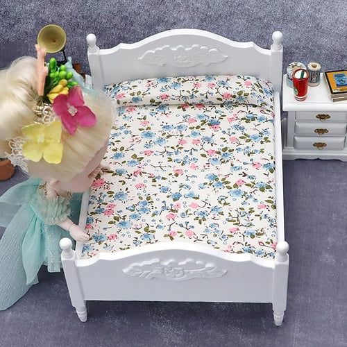 1/12 Dollhouse Bed Miniature Queen Bed Mini Woode Bed for Dollhouse Bedroom Furniture (White)