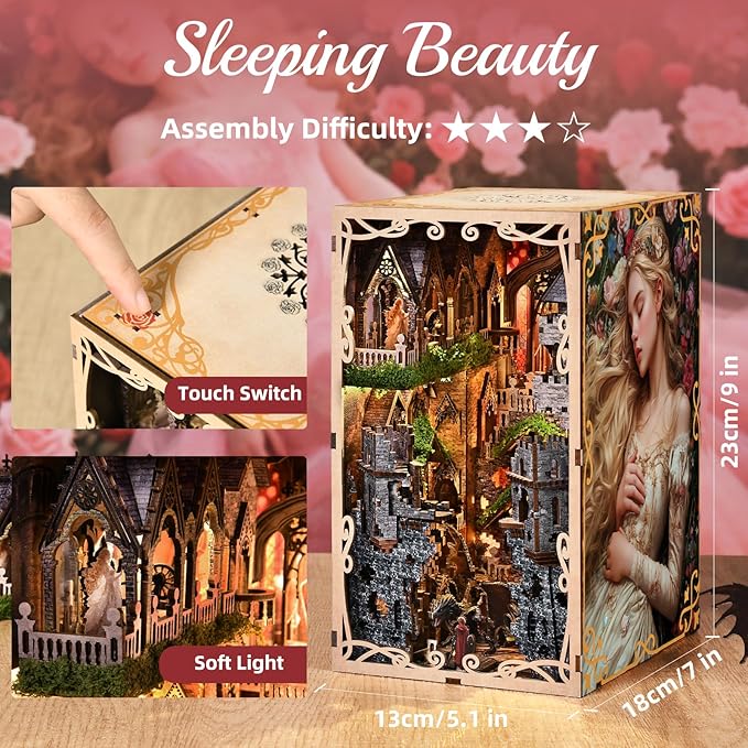 Book Nook Kit - DIY Miniature House Dollhouse Kit for Adults and Teens, Booknook Tiny House Bookshelf Decor 3D Wooden Puzzle, Gifts for Family, Friends (Sleeping Beauty)