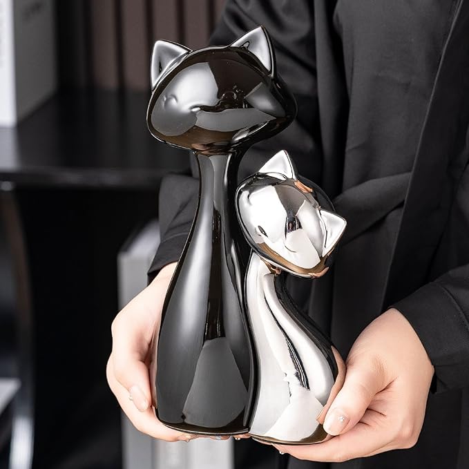 SURE YUESI Ceramic Cat Statue Set, Black & Silver Cute Home Decor Figurines, Lucky Cats Desk Accessories for Cat Lovers, Memorial Cats Themed, Modern Collectible Decor for Bookshelf, Living Room