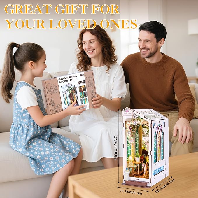Book Nook Kits for Adults, Miniature House 3D Puzzle Kit for Teens, DIY Crafts for Adults, Bookshelf Decor Garden House with LED Light, Gifts for Family and Friends