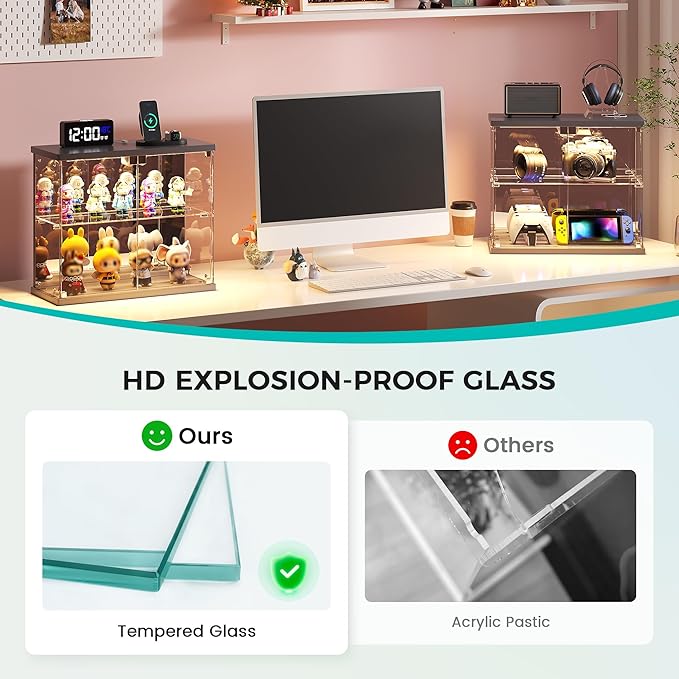 2pcs LED Clear Glass Display Case - for Figures & Collectibles, Small 2-Tier Display Cabinet with Charging Station, Display Box with Lights & Human Sensor, for Model Car, Perfume, Grey