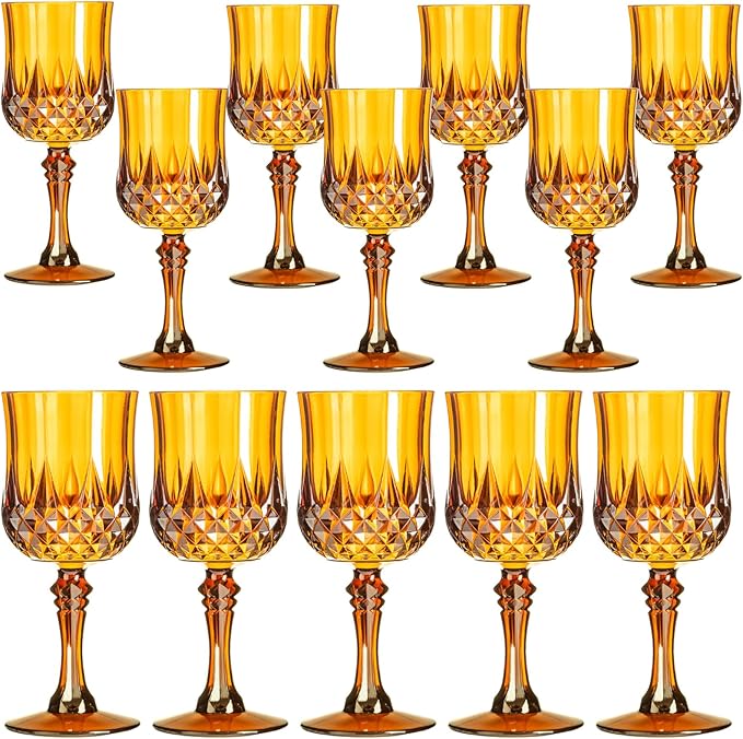 XKXKKE 12 Pcs Amber Plastic Wine Glasses, Plastic Water Goblets for Parties, Stemmed Drinking Glasses for Wedding Reception, Grand Event Party Bar Supplies Reusable Drinking Cups
