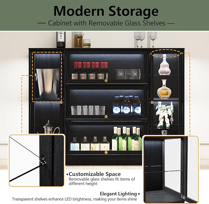 Display Cabinet with Acrylic Glass Doors,Extra Wide Curio Cabinet with LED Lighting for Collectibles, Collectibles Toy Organizers Rack & Display Shelf Display Case, Black