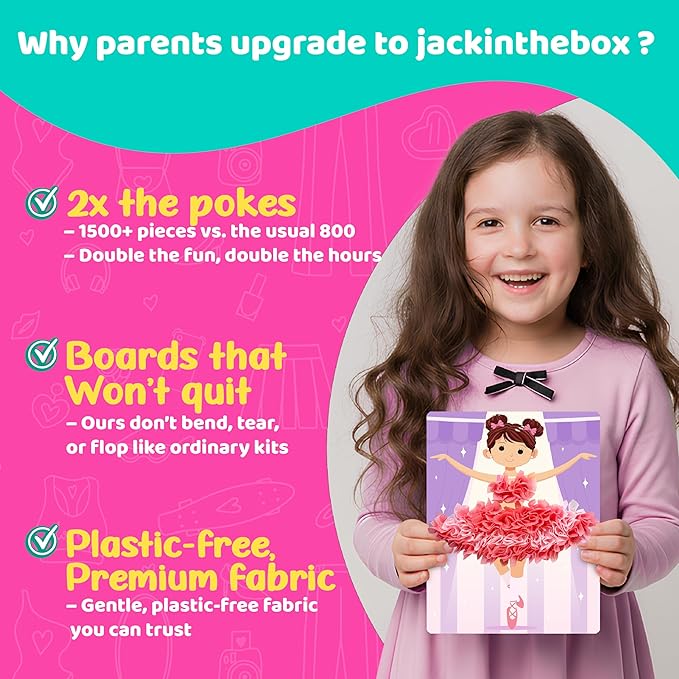 jackinthebox Poke Poke Art for Kids - Fashion Theme, Mess-Free Fabric Art and Craft, Flower Pressing Kits, Gift for Kids, Girl Gifts, Toys for Girls Ages 4 5 6 7 8