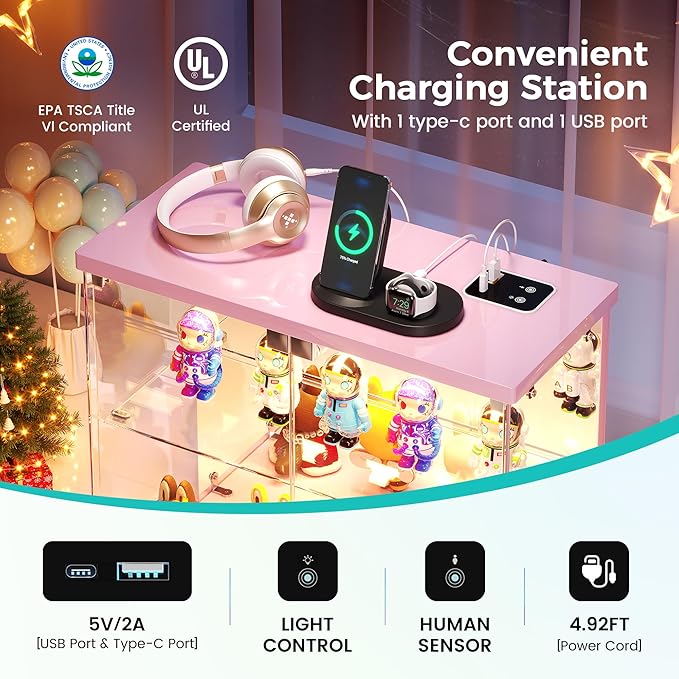 2pcs LED Clear Glass Display Case - for Figures & Collectibles, Small 2-Tier Display Cabinet with Charging Station, Display Box with Lights & Human Sensor, for Model Car, Perfume, Pink