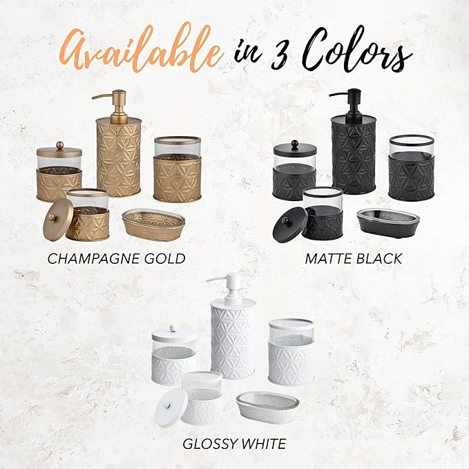 Autumn Alley Brushed Gold Bathroom Accessories Set, 5 Piece Champagne Gold Modern Bathroom Decor - Soap Dispenser, Toothbrush Holder, 2 Apothecary Jars, Soap Holder, Farmhouse Bathroom Décor