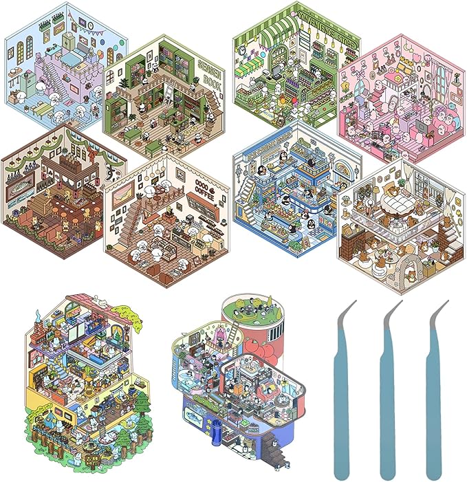 DIY 3D Sticker Scene, 10 Sets Fun DIY 3D House Stickers, Make Your Own Mini Room Scenes, Cute Cartoon 3D Miniature Scene Stickers Book, 3D Sticker Therapy for Adults Kids Relief Stress Pass The Time
