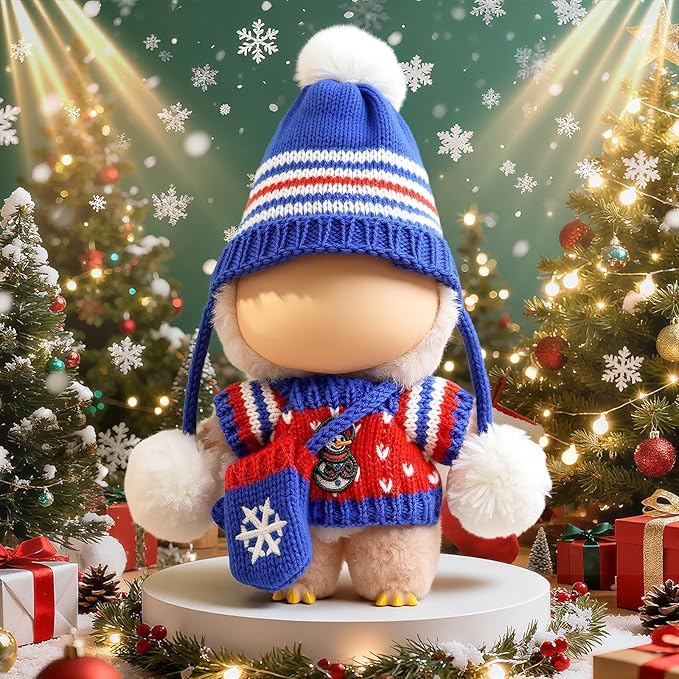 Christmas Clothes for LABUBU Doll (NO Doll), 3-Piece Handcrafted Crochet Christmas Accessories for LABUBU 17cm Dolls, Premium Outfit for LABUBU - Christmas Sweater + Hat + Bag (Blue)