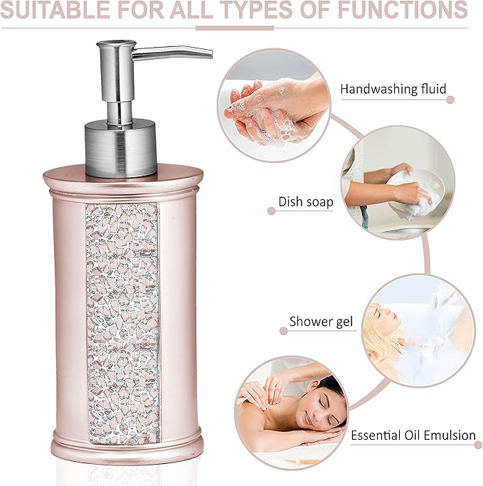 Zahari Home 4pc Sinatra Stylish Bathroom Accessories Set Liquid Soap Dispenser, Tumbler, Tooth Brush Holder and Soap Dish Modern Classic Luxury Decor Bling Mosaic Glass Blush Bathroom Accessories