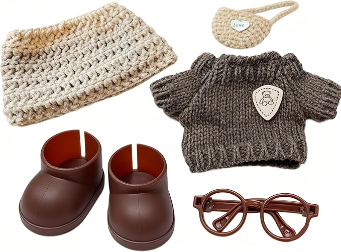 17cm Doll Clothes – 5-Piece Set, Hat + Sweater + Small Backpack + Glasses + Shoes, Cute and Premium Dolls Outfit Accessories (Khaki Brown)