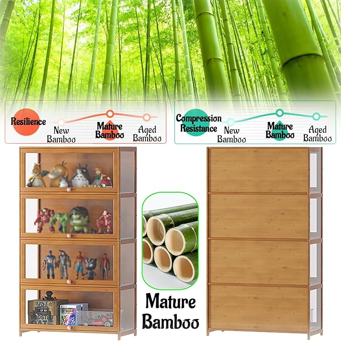 Curio Display Cabinet with Acrylic Doors for Collectibles Small Curio Cabinet 4 Tier 3 Tier Figures Display Case Toys Display Shelves Vitrina Storage Cabinet,Brown,4 Tier_Flip Up Door
