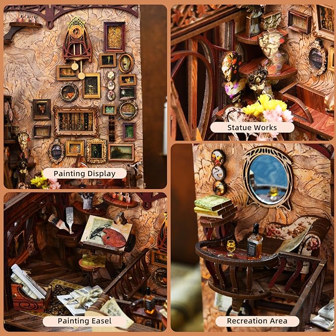 DIY Book Nook Kit, Miniature Dollhouse Booknook Kit, 3D Wooden Puzzle Bookend Bookshelf Insert with LED Light for Teens and Adults, Painter's Day at Dusk