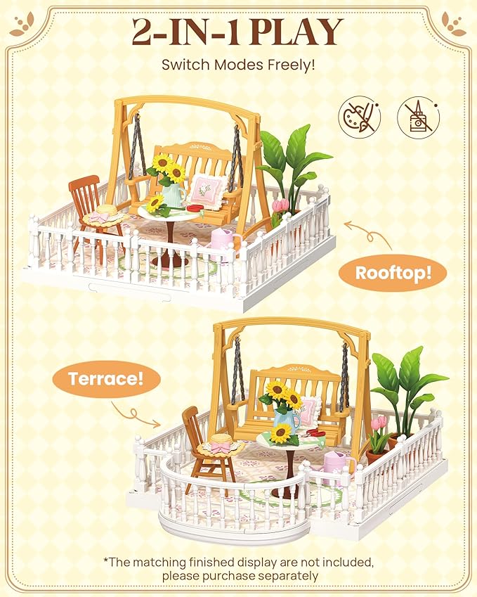 Rolife Super Creator Series Accessroies, DIY Mini Flower Garden Scenery Kit, Miniature Dollhouse Castle Building Kit's Part, Sunny Break Terrace Gift for Kids Adults Women