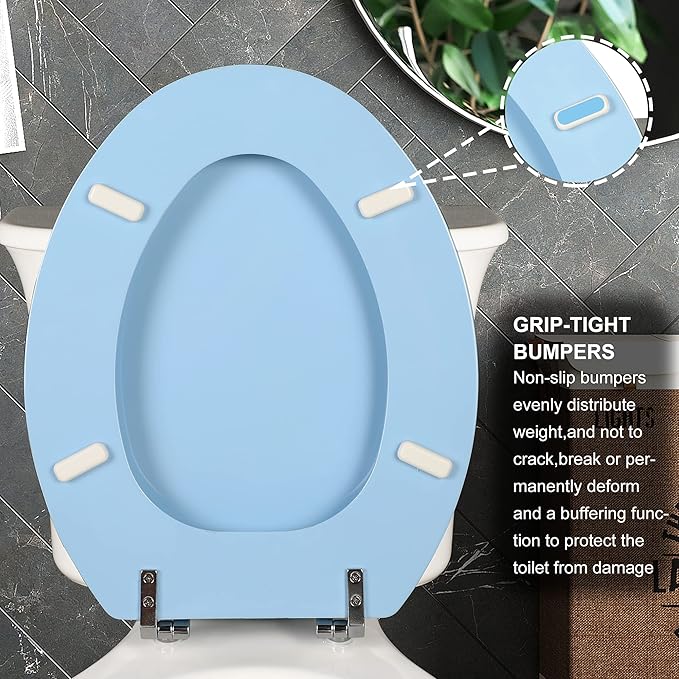 Blue Elongated Toilet Seat Natural Wood Toilet Seat with Zinc Alloy Hinges, Easy to Install also Easy to Clean, Scratch Resistant Toilet Seat by Angol Shiold (Elongated, Blue)