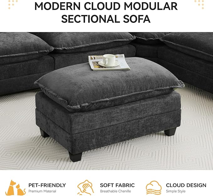 35‘’ Modern Chenille Cloud Sofa Ottoman,Rectangle Ottoman for Modular Sectional Sofa, Dark Grey