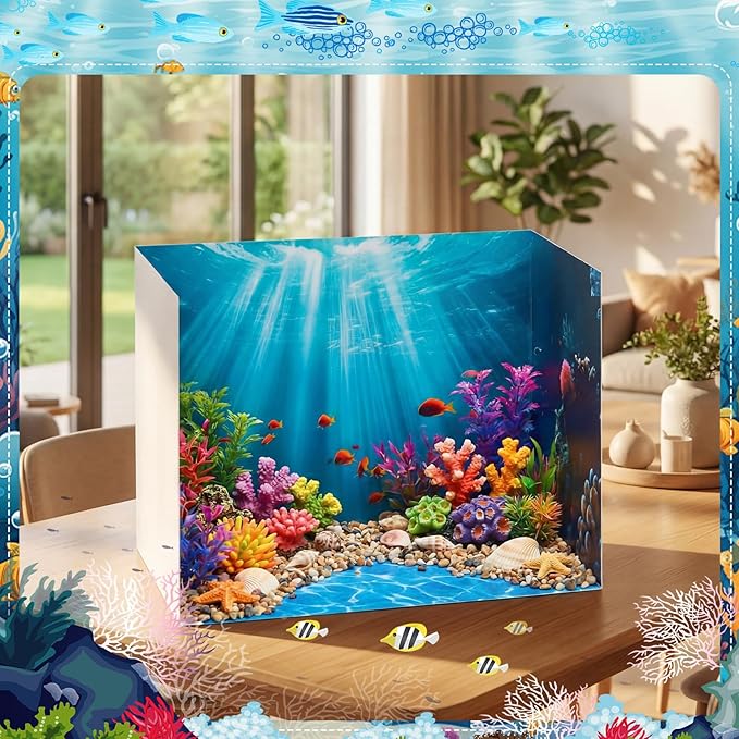 2 Set Ocean Diorama Box and Water Sticker Decor, Under the Sea Diorama Project Supplies Set, Cardboard Display Case Kit & Water Sticker with Double Sided Tapes for DIY Crafts Dollhouse