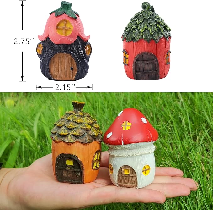POPKER 4Pcs Miniature Fairy Garden House, Mini Mushroom Cottage House, Fairy Accessories for Micro Landscape, Garden, Yard, Patio, Outdoor, Decorations, Gifts