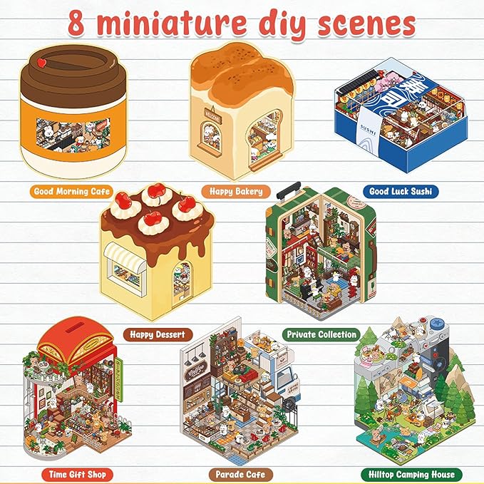 DIY 3D Sticker Scene, 8 Sets Fun DIY 3D House Stickers, Make Your Own Mini Room Scenes, Cute Cartoon 3D Miniature Scene Stickers Book, 3D Sticker Therapy for Adults Kids Relief Stress Pass The Time
