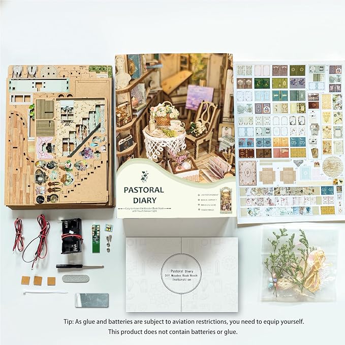 DIY Dollhouse Kit for Adults 2D Stereo Assembly Night Light Sensing Wooden Bookend Jigsaw Building Model (Pastoral Diary)