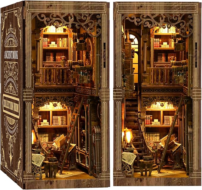 Book Nook Kit for Adult Miniature Model Build Dollhouse Kit 3D Wooden Puzzle with Sensor Led Light for Bookshelf Bookend Decor Adults Teen Craft(Classical Book Collection Room), 1Pack