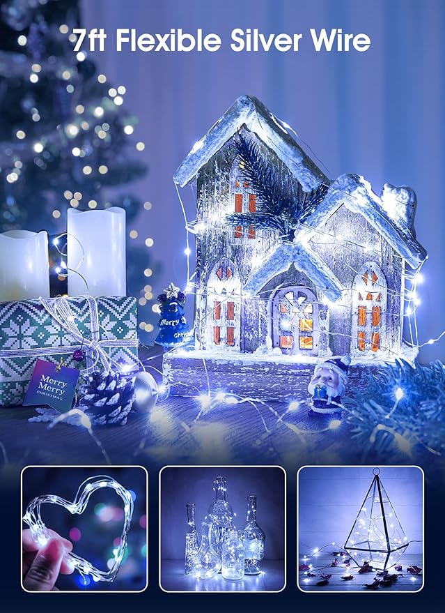 Brightown 12 Pack Led Fairy Lights Battery Operated String Lights Waterproof Silver Wire 7 Feet 20 Led Firefly Starry Moon Lights for DIY Wedding Party Bedroom Patio Christmas (12 Pack, White)