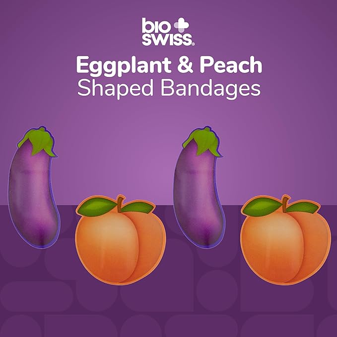 BioSwiss Funny Bandages, Eggplant and Peach Shaped Adult Novelty Self Adhesive Bandage Set, Latex Free, Sterile Wound Care, 50 Count