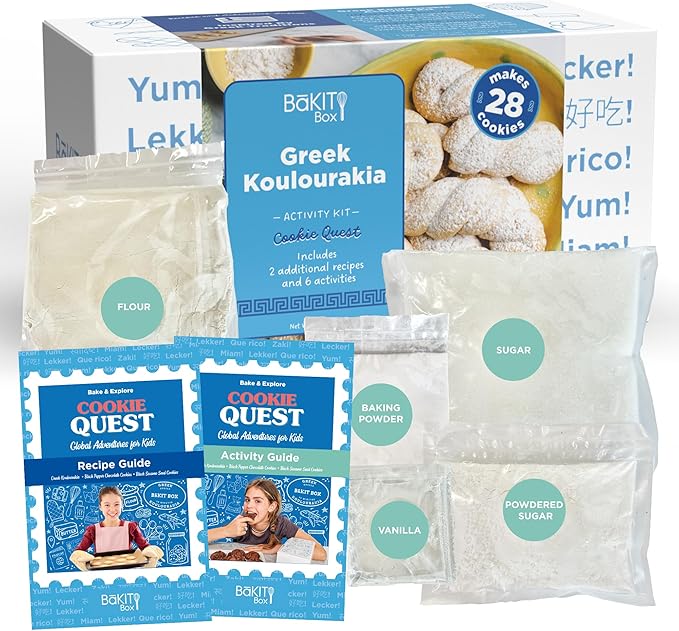 BāKIT Box Greek Koulourakia Cookie Kit, Kids Baking Gift with Printed Recipe & Activity Guide, Make Greek Twist Cookies + Learn Words & Symbols