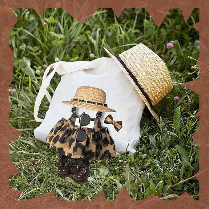 Clothes for 6.7in/17cm Dolls (Without Dolls), Sets and Accessories,5PCS (Straw hat + Bow + Sunglasses + Dress + Shoes), Collectors and As Gifts.(Leopard Print Dress)